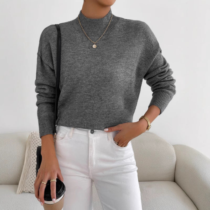 Autumn And Winter Half-high Collar Pullover Women's Fashion Solid Color Loose Knitted Top LadyShow.Store