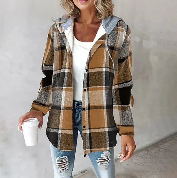 Plaid Hooded Jacket Fashion Casual Button Pocket Coat Autumn And Winter Women's Clothing LuxuryLifeWay Online Store