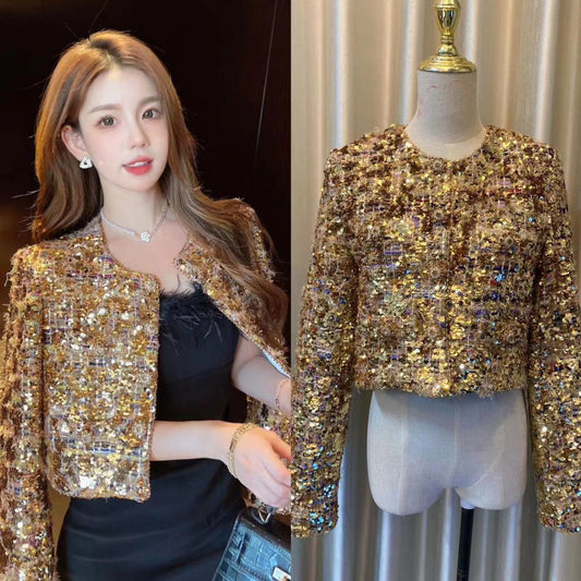 Gold Sequins Light Luxury Heavy Industry Advanced Ladies Fashion French Coat Best YouTube Store