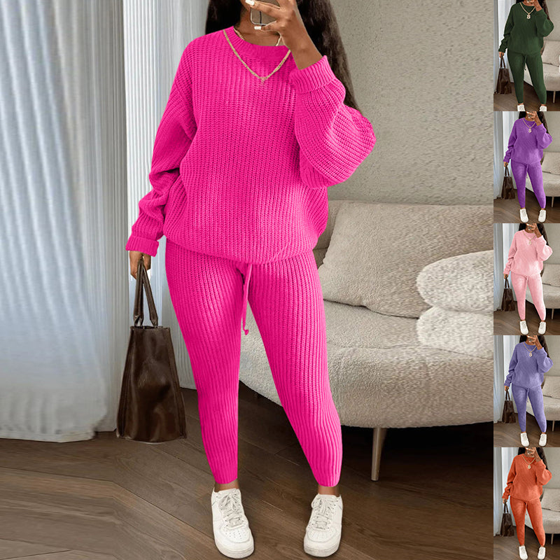 Winter Ribbed Knit Suits Fashion Loose Pullover Sweater Top And Drawstring Pants For Women Trouser Set Clothing LadyShow.Store