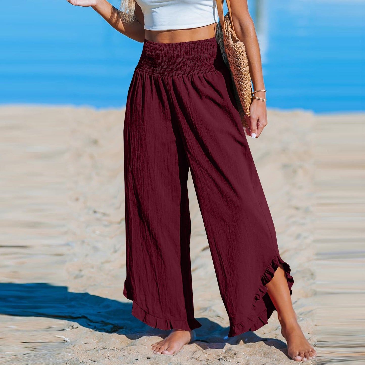 Pleated Asymmetrical Hem Cotton-linen Loose-fit Casual Pants NorixaFashion.com