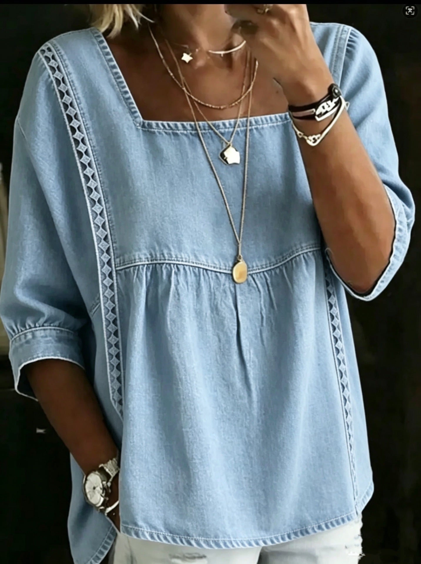 Denim And Lace Patchwork Blouse European And American Style NorixaFashion.com