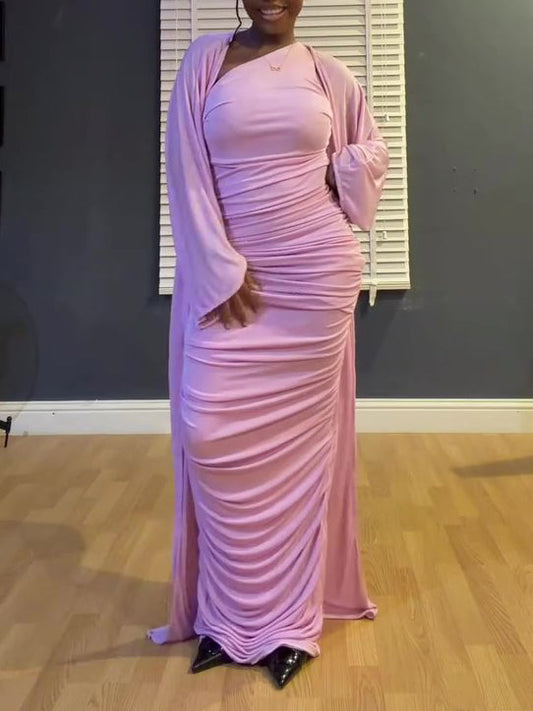 Draped Ruched One Shoulder Maxi Dress & Matching Shawl 2-Piece Set NorixaFashion.com
