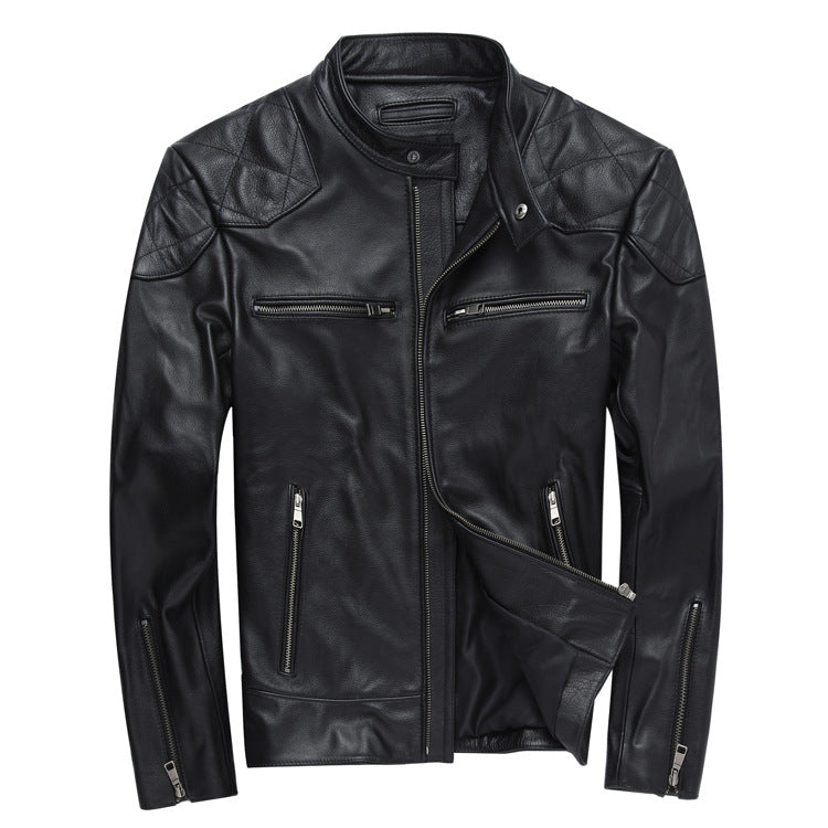Men's Short Harley Leather Jacket, Stand Collar Casual Coat Pi-Mart