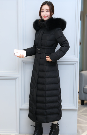 Fashionable Long Thick Solid Color Down Jacket with Fur Collar Pi-Mart