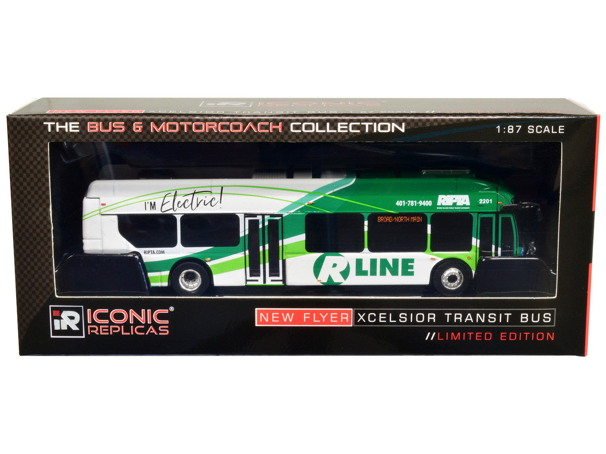 New Flyer Xcelsior Charge NG Electric Transit Bus RIPTA (Rhode Island Public Transit Authority) "R Line Broad/North Main" "The Bus & Motorcoach Collection" 1/87 Diecast Model by Iconic Replicas LuxuryLifeWay Online Store