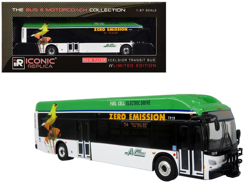 New Flyer Xcelsior XHE40 Transit Bus "AC Transit - Zero Emission" White and Green with Graphics "The Bus & Motorcoach Collection" Limited Edition 1/87 (HO) Diecast Model by Iconic Replicas LuxuryLifeWay Online Store