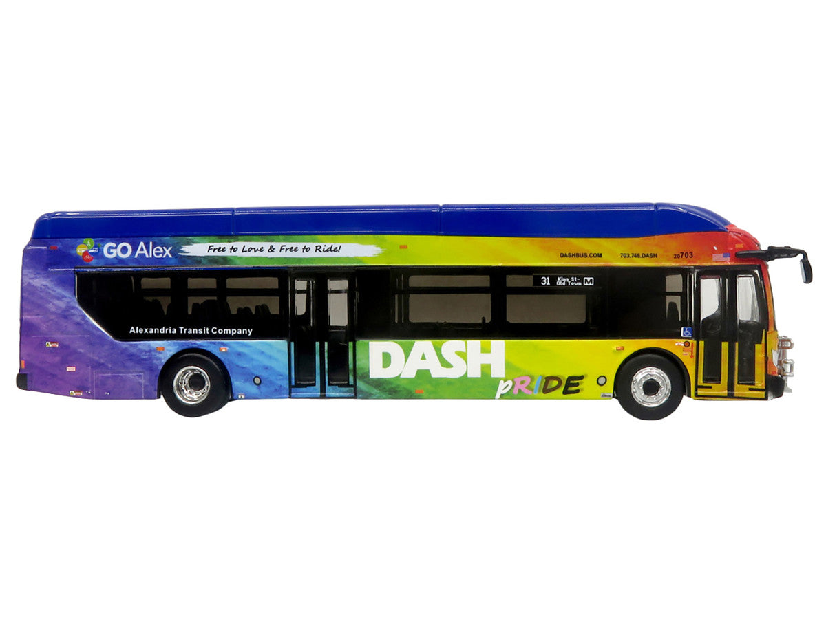 New Flyer Xcelsior XN40 Transit Bus "DASH Pride Livery" Blue with Rainbow Graphics "The Bus & Motorcoach Collection" Limited Edition 1/87 (HO) Diecast Model by Iconic Replicas LuxuryLifeWay Online Store