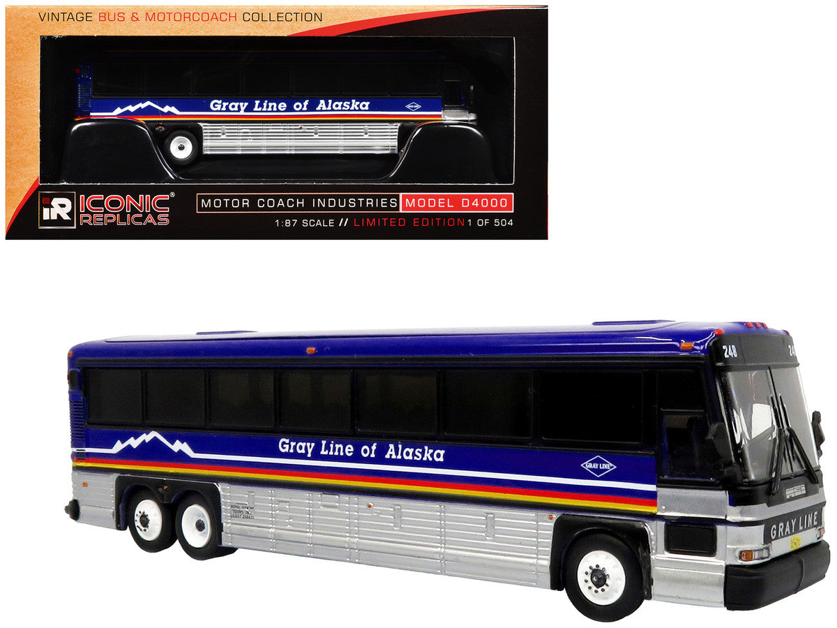 2001 MCI D4000 Coach Bus "Gray Line of Alaska" Dark Blue with Stripes "Vintage Bus & Motorcoach Collection" Limited Edition to 504 pieces Worldwide 1/87 (HO) Diecast Model by Iconic Replicas LuxuryLifeWay Online Store