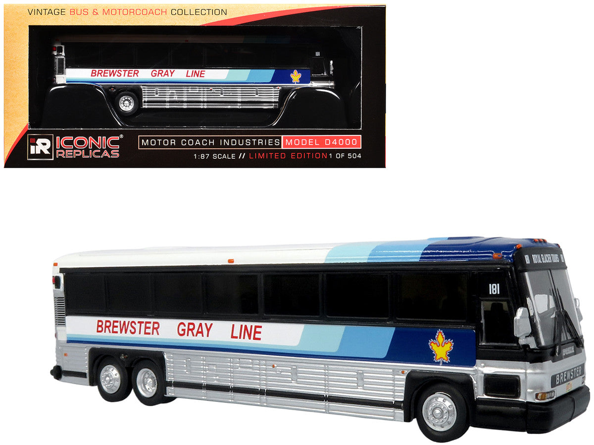 2001 MCI D4000 Coach Bus "Brewster Gray Line" White with Blue Stripes "Vintage Bus & Motorcoach Collection" Limited Edition to 504 pieces Worldwide 1/87 (HO) Diecast Model by Iconic Replicas LuxuryLifeWay Online Store