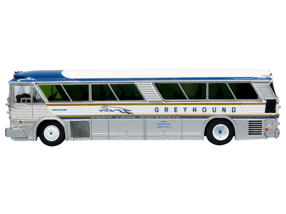 1964 MCI MC-5A Coach Bus "Greyhound Golden Anniversary" Silver with Blue and Gold Stripes "Vintage Bus & Motorcoach Collection" Limited Edition to 504 pieces Worldwide 1/87 (HO) Diecast Model by Iconic Replicas LuxuryLifeWay Online Store