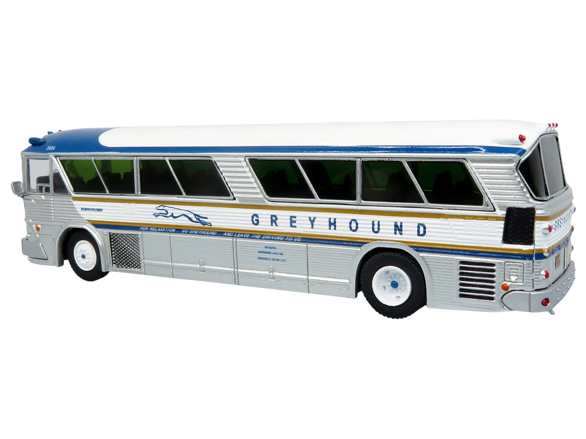 1964 MCI MC-5A Coach Bus "Greyhound Golden Anniversary" Silver with Blue and Gold Stripes "Vintage Bus & Motorcoach Collection" Limited Edition to 504 pieces Worldwide 1/87 (HO) Diecast Model by Iconic Replicas LuxuryLifeWay Online Store