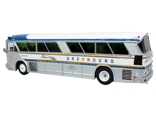 1964 MCI MC-5A Coach Bus "Greyhound Golden Anniversary" Silver with Blue and Gold Stripes "Vintage Bus & Motorcoach Collection" Limited Edition to 504 pieces Worldwide 1/87 (HO) Diecast Model by Iconic Replicas LuxuryLifeWay Online Store