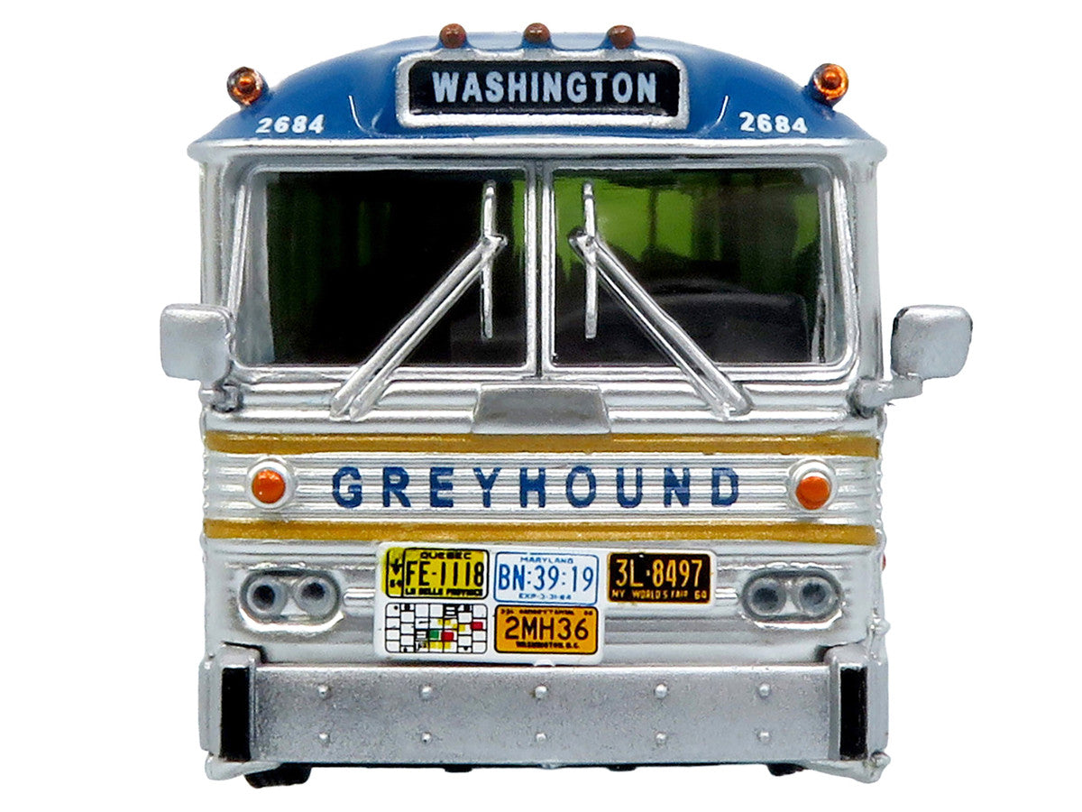 1964 MCI MC-5A Coach Bus "Greyhound Golden Anniversary" Silver with Blue and Gold Stripes "Vintage Bus & Motorcoach Collection" Limited Edition to 504 pieces Worldwide 1/87 (HO) Diecast Model by Iconic Replicas LuxuryLifeWay Online Store