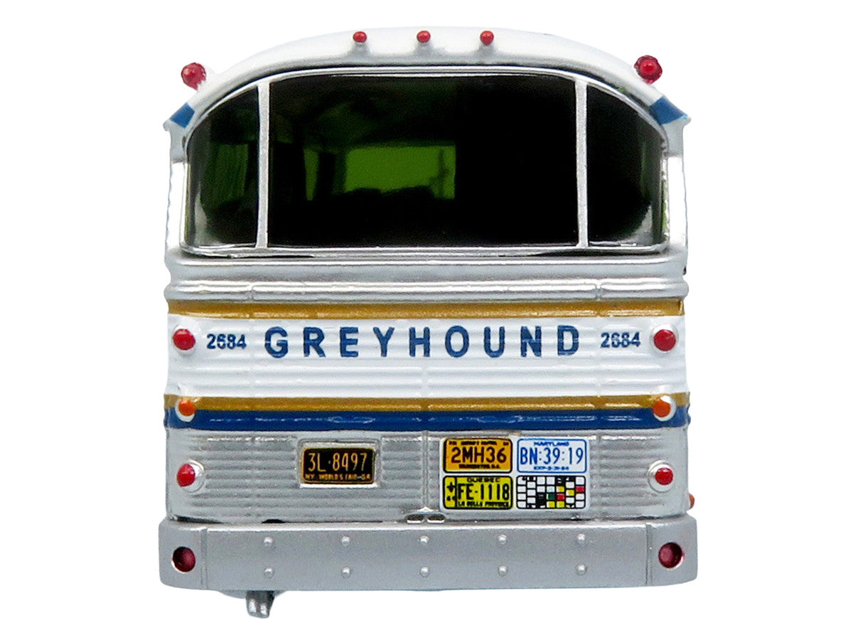 1964 MCI MC-5A Coach Bus "Greyhound Golden Anniversary" Silver with Blue and Gold Stripes "Vintage Bus & Motorcoach Collection" Limited Edition to 504 pieces Worldwide 1/87 (HO) Diecast Model by Iconic Replicas LuxuryLifeWay Online Store