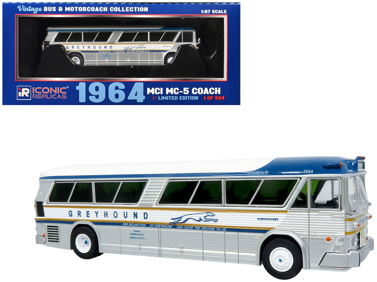 1964 MCI MC-5A Coach Bus "Greyhound Golden Anniversary" Silver with Blue and Gold Stripes "Vintage Bus & Motorcoach Collection" Limited Edition to 504 pieces Worldwide 1/87 (HO) Diecast Model by Iconic Replicas LuxuryLifeWay Online Store