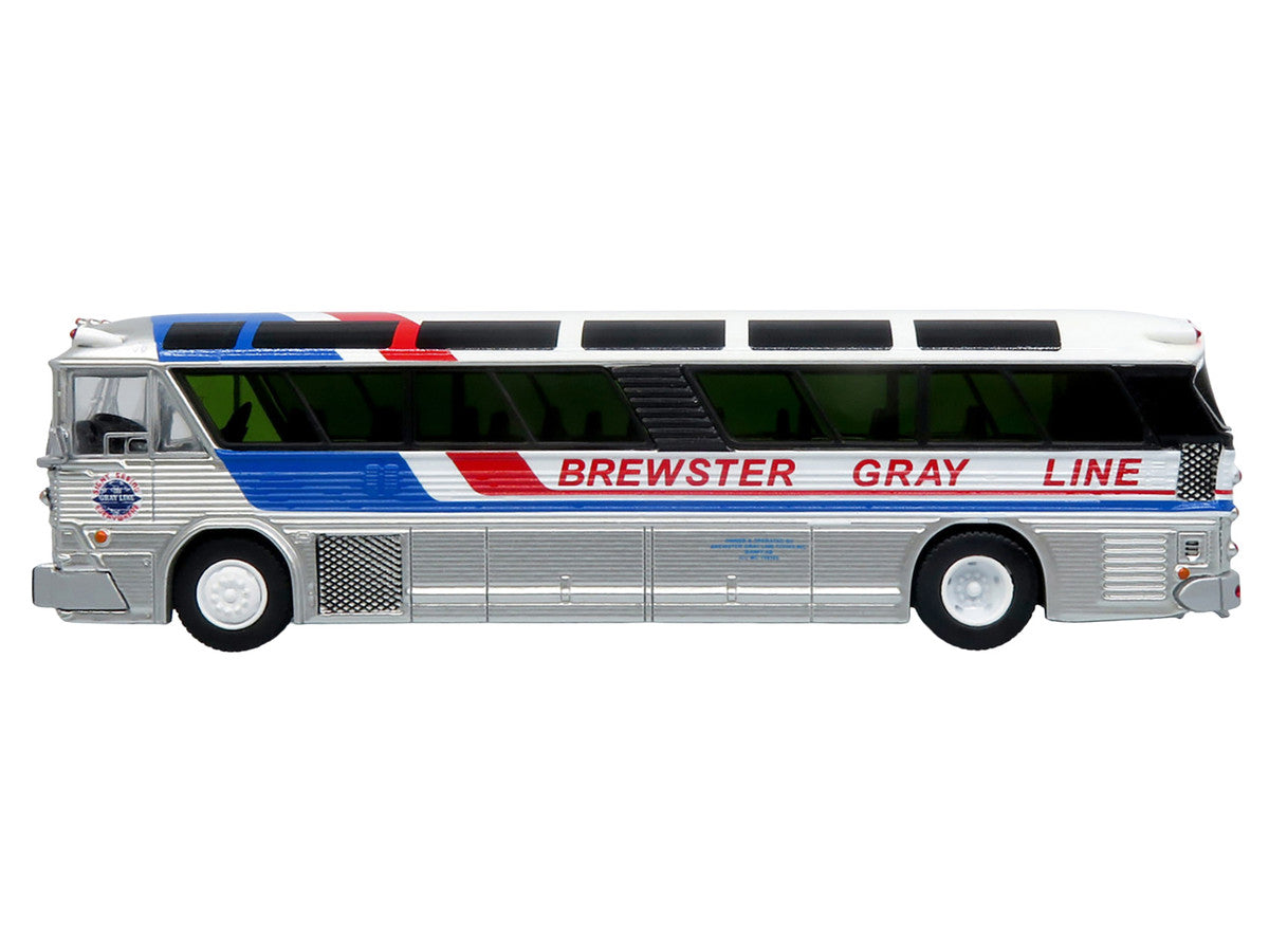 1964 MCI MC-5A Coach Bus "Brewster Gray Line" Silver with Blue and Red Stripes "Vintage Bus & Motorcoach Collection" Limited Edition to 504 pieces Worldwide 1/87 (HO) Diecast Model by Iconic Replicas LuxuryLifeWay Online Store
