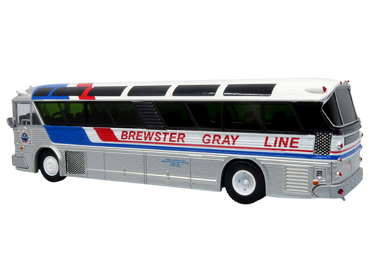 1964 MCI MC-5A Coach Bus "Brewster Gray Line" Silver with Blue and Red Stripes "Vintage Bus & Motorcoach Collection" Limited Edition to 504 pieces Worldwide 1/87 (HO) Diecast Model by Iconic Replicas LuxuryLifeWay Online Store