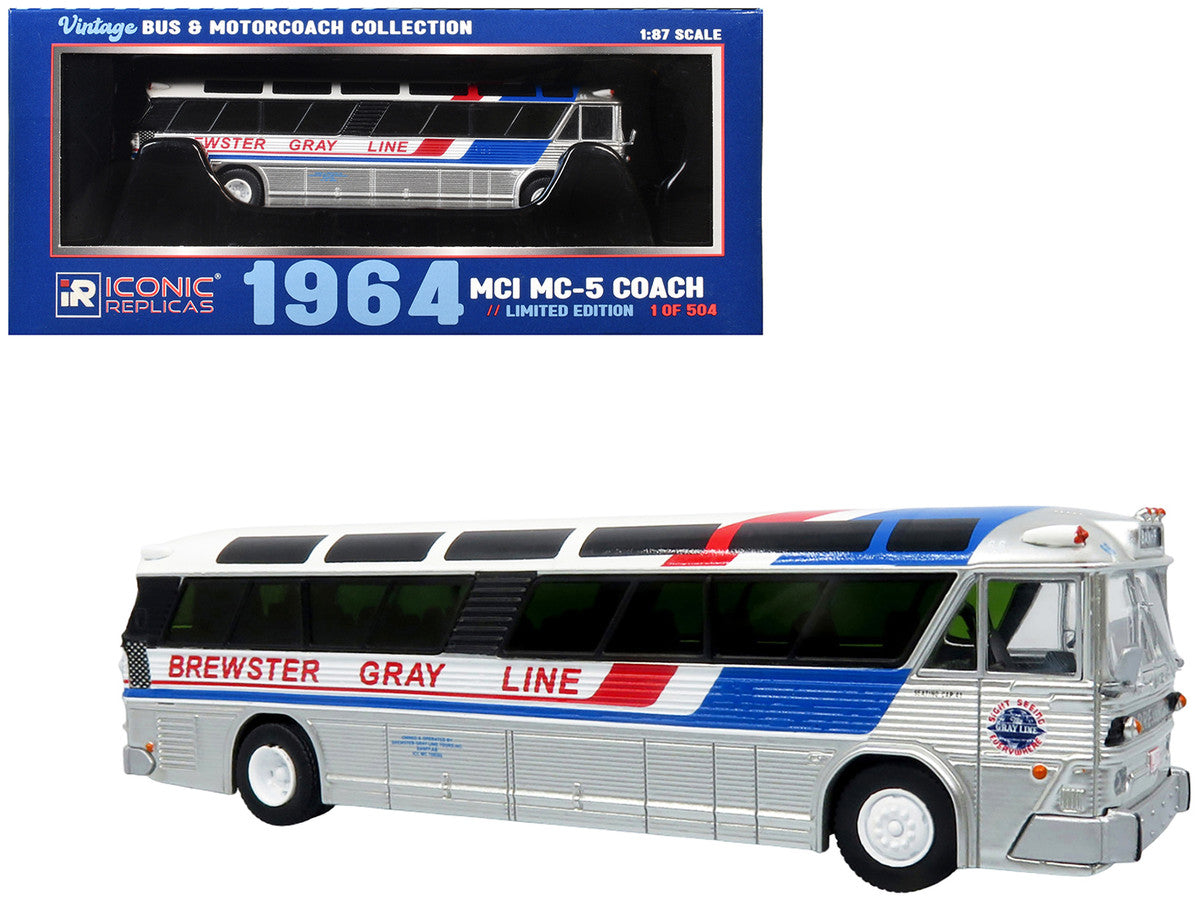 1964 MCI MC-5A Coach Bus "Brewster Gray Line" Silver with Blue and Red Stripes "Vintage Bus & Motorcoach Collection" Limited Edition to 504 pieces Worldwide 1/87 (HO) Diecast Model by Iconic Replicas LuxuryLifeWay Online Store