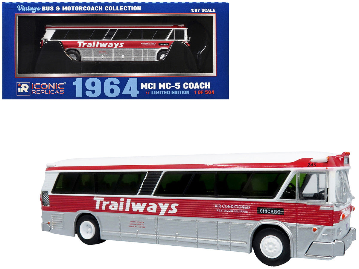 1964 MCI MC-5A Coach Bus "Trailways Chicago" White with Red Stripes "Vintage Bus & Motorcoach Collection" Limited Edition to 504 pieces Worldwide 1/87 (HO) Diecast Model by Iconic Replicas LuxuryLifeWay Online Store