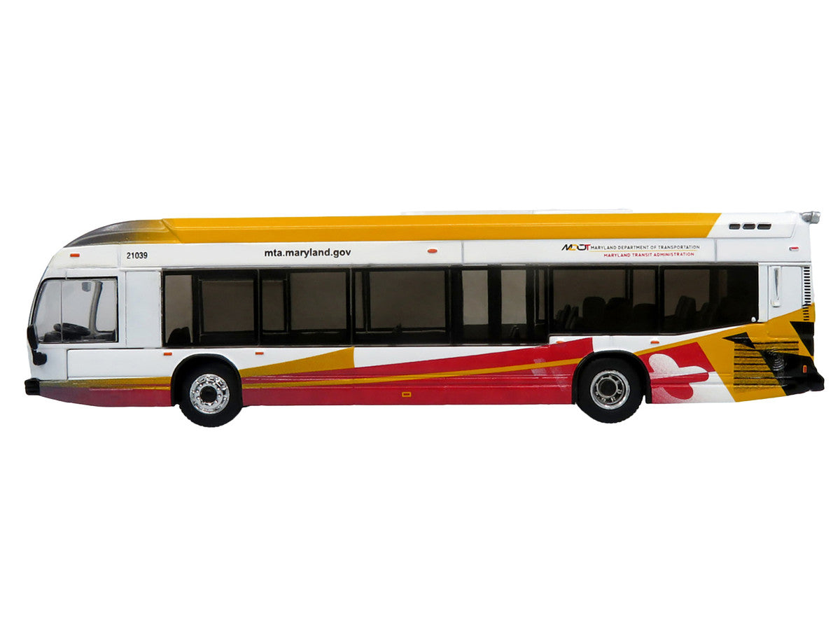 Nova Bus LFSH Hybrid Transit Bus "MTA Maryland" White with Red and Yellow Graphics "The Bus & Motorcoach Collection" Limited Edition to 504 pieces Worldwide 1/87 (HO) Diecast Model by Iconic Replicas LuxuryLifeWay Online Store