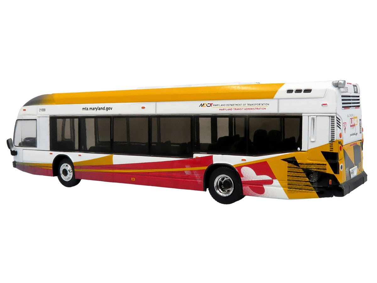Nova Bus LFSH Hybrid Transit Bus "MTA Maryland" White with Red and Yellow Graphics "The Bus & Motorcoach Collection" Limited Edition to 504 pieces Worldwide 1/87 (HO) Diecast Model by Iconic Replicas LuxuryLifeWay Online Store