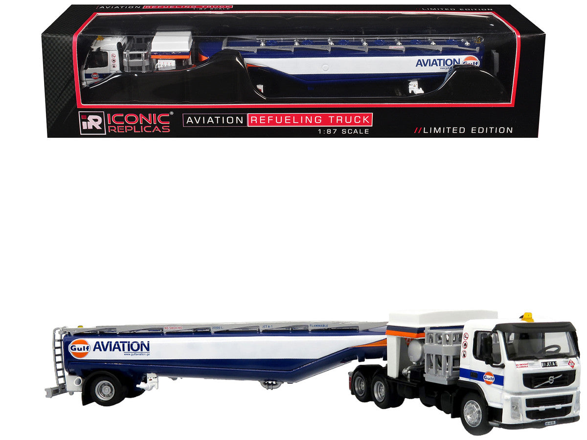 Volvo FM500 with Esterer Aviation Refueling Tanker Truck "Gulf Aviation" White with Blue Stripes Limited Edition 1/87 (HO) Diecast Model by Iconic Replicas LuxuryLifeWay Online Store