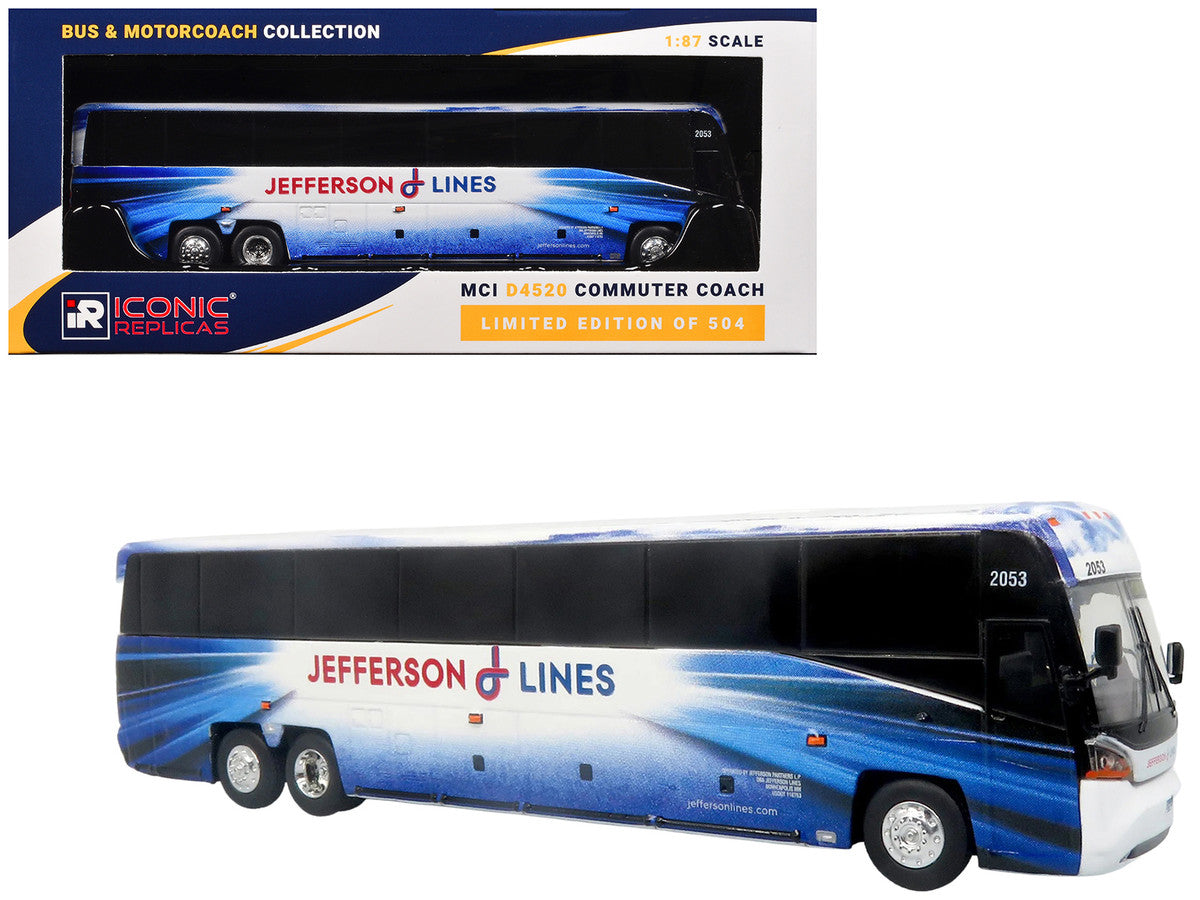 MCI D4520 Commuter Coach Bus "Jefferson Lines" White with Blue Graphics "The Bus & Motorcoach Collection" Limited Edition to 504 pieces Worldwide 1/87 (HO) Scale Diecast Model by Iconic Replicas LuxuryLifeWay Online Store