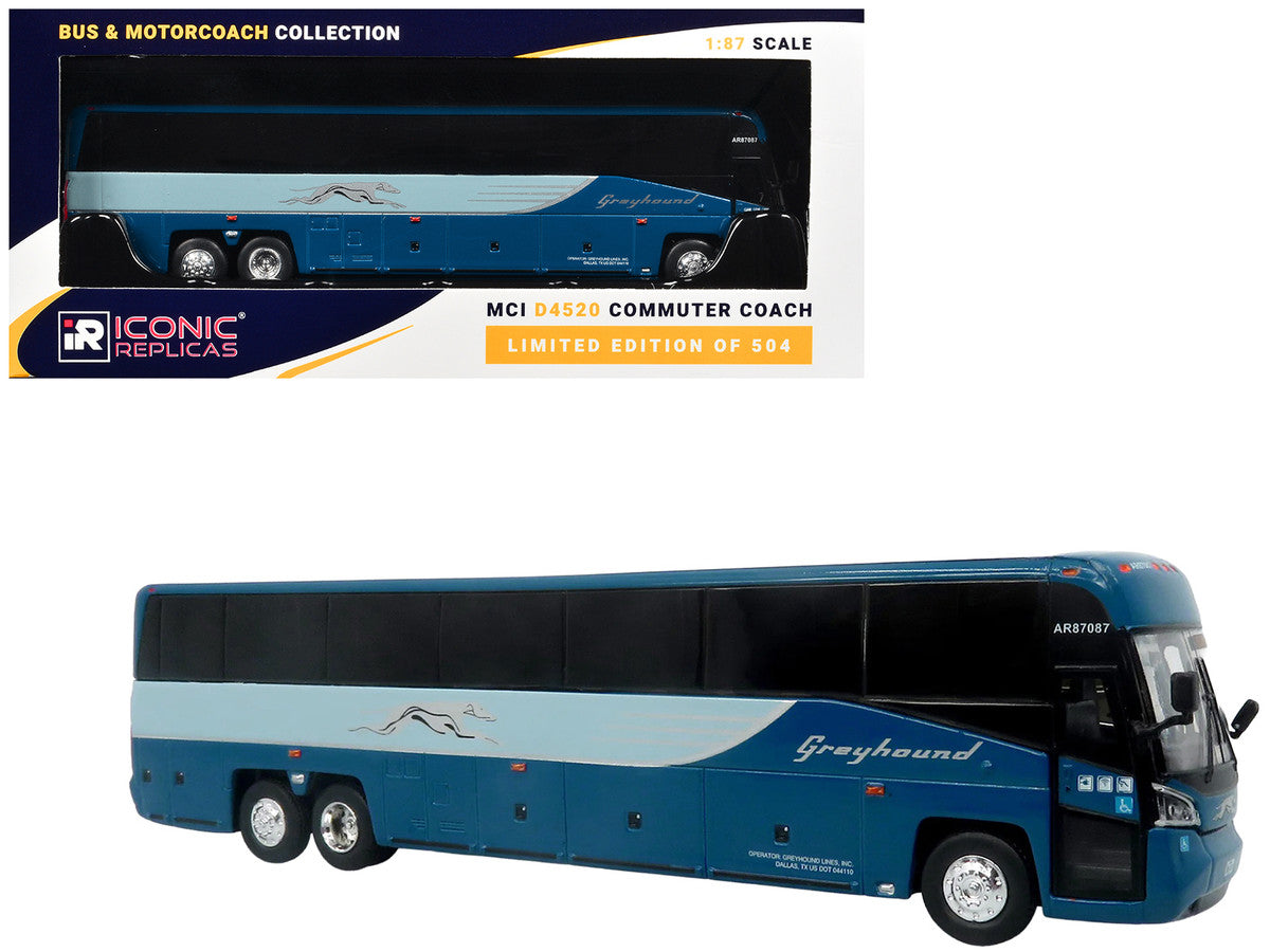 MCI D4520 Commuter Coach Bus "Greyhound Lines" Blue with Light Blue Stripes "The Bus & Motorcoach Collection" Limited Edition to 504 pieces Worldwide 1/87 (HO) Scale Diecast Model by Iconic Replicas LuxuryLifeWay Online Store