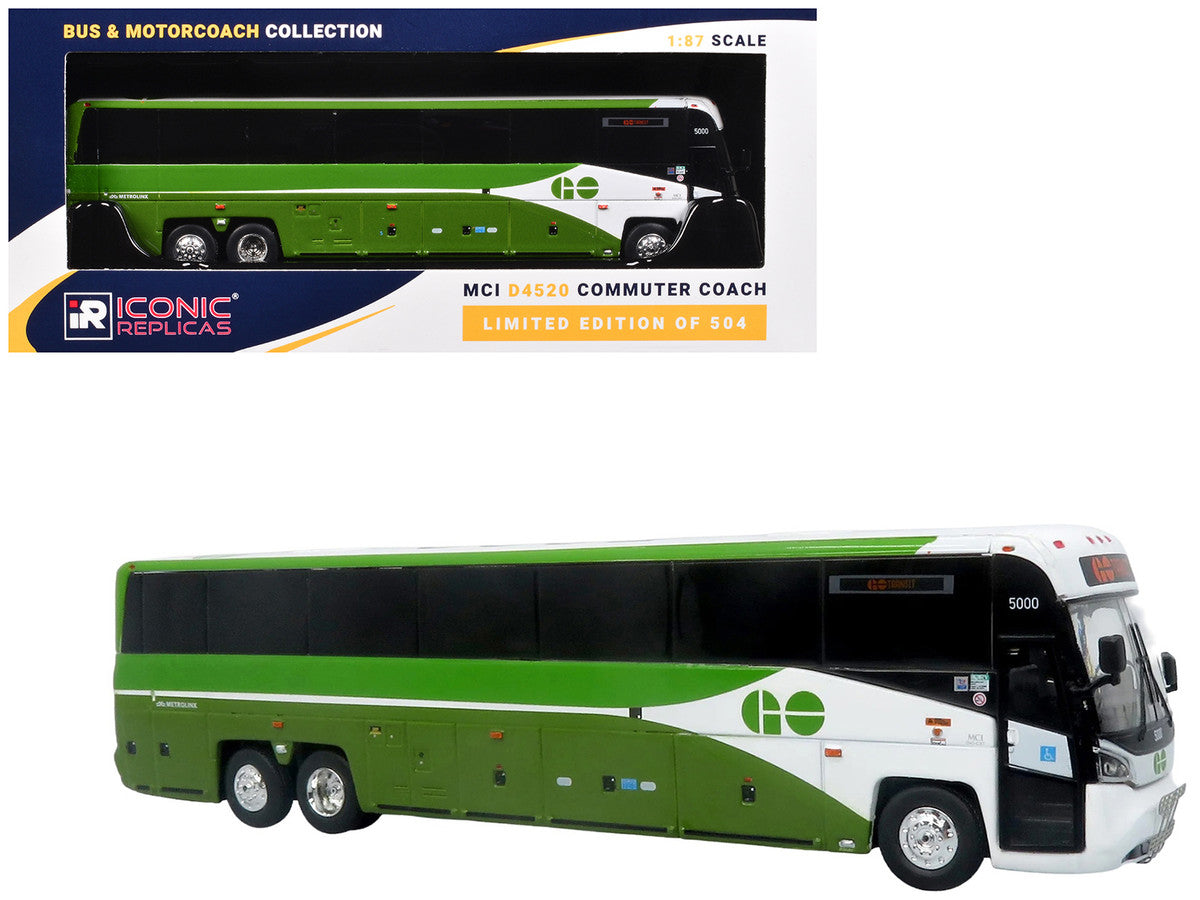 MCI D4520 Commuter Coach Bus "GO Transit" Green and White "The Bus & Motorcoach Collection" Limited Edition to 504 pieces Worldwide 1/87 (HO) Scale Diecast Model by Iconic Replicas LuxuryLifeWay Online Store