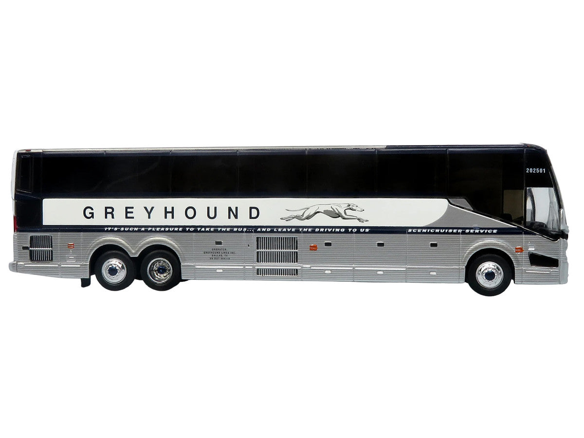 Prevost H3-45 Coach Bus "Greyhound Scenicruiser Service" White and Raw Metal "The Bus & Motorcoach Collection" Limited Edition to 504 pieces Worldwide 1/87 (HO) Scale Diecast Model by Iconic Replicas LuxuryLifeWay Online Store