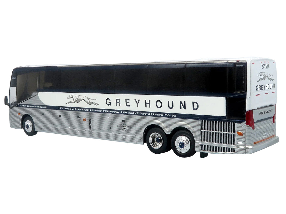 Prevost H3-45 Coach Bus "Greyhound Scenicruiser Service" White and Raw Metal "The Bus & Motorcoach Collection" Limited Edition to 504 pieces Worldwide 1/87 (HO) Scale Diecast Model by Iconic Replicas LuxuryLifeWay Online Store
