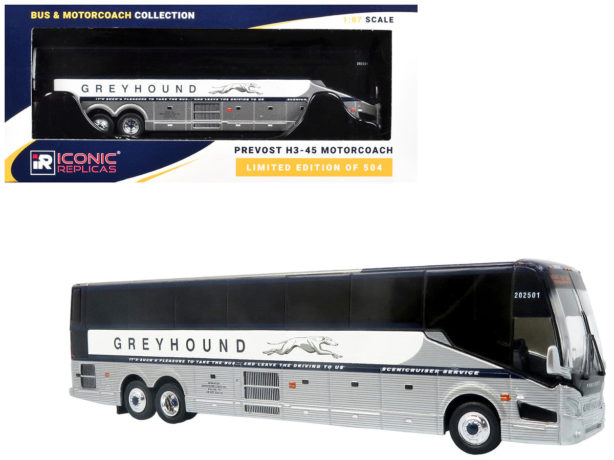 Prevost H3-45 Coach Bus "Greyhound Scenicruiser Service" White and Raw Metal "The Bus & Motorcoach Collection" Limited Edition to 504 pieces Worldwide 1/87 (HO) Scale Diecast Model by Iconic Replicas LuxuryLifeWay Online Store