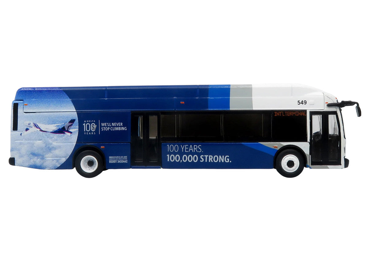 New Flyer Xcelsior XN40 Transit Bus "Delta Air Lines 100th Anniversary" Blue and White with Graphics "The Bus & Motorcoach Collection" Limited Edition 1/87 (HO) Scale Diecast Model by Iconic Replicas LuxuryLifeWay Online Store