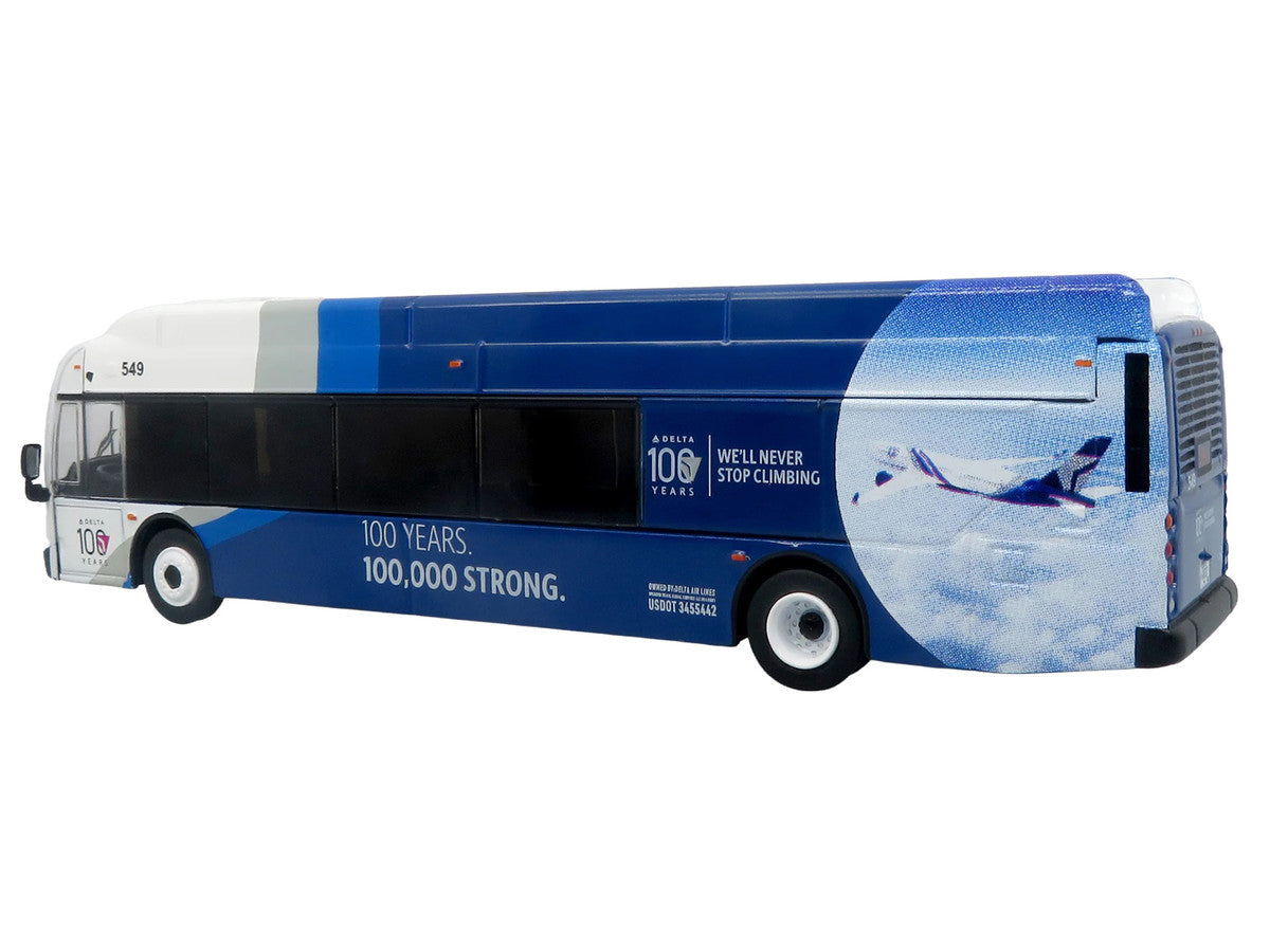 New Flyer Xcelsior XN40 Transit Bus "Delta Air Lines 100th Anniversary" Blue and White with Graphics "The Bus & Motorcoach Collection" Limited Edition 1/87 (HO) Scale Diecast Model by Iconic Replicas LuxuryLifeWay Online Store