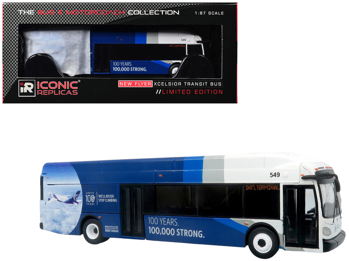 New Flyer Xcelsior XN40 Transit Bus "Delta Air Lines 100th Anniversary" Blue and White with Graphics "The Bus & Motorcoach Collection" Limited Edition 1/87 (HO) Scale Diecast Model by Iconic Replicas LuxuryLifeWay Online Store