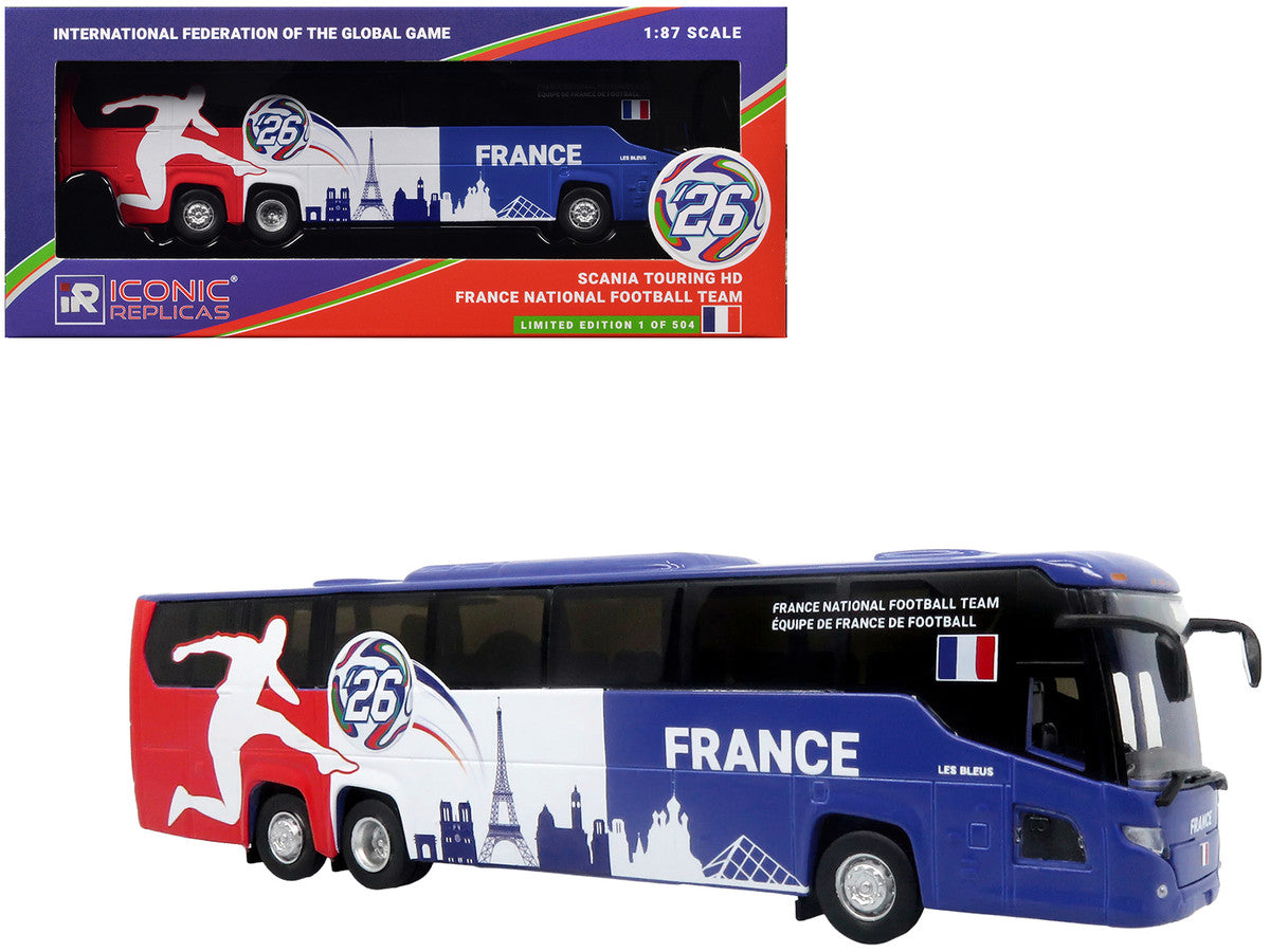 Scania Touring HD Coach Bus "France National Football Team" Blue with Graphics "International Federation of the Global Game" Series Limited Edition to 504 pieces Worldwide 1/87 (HO) Diecast Model by Iconic Replicas LuxuryLifeWay Online Store