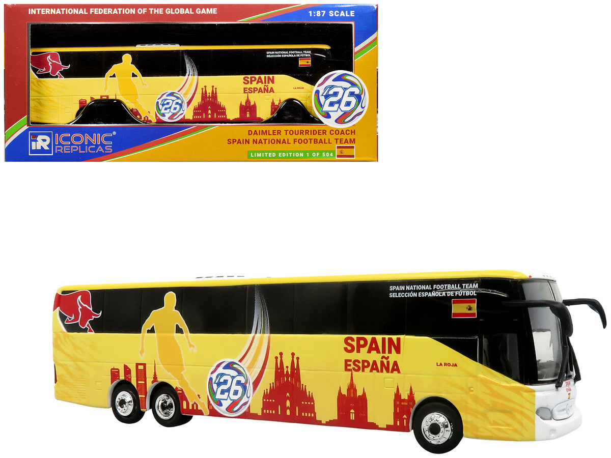 Daimler Tourrider Coach Bus "Spain National Football Team" Yellow with Graphics "International Federation of the Global Game" Series Limited Edition to 504 pieces Worldwide 1/87 (HO) Diecast Model by Iconic Replicas LuxuryLifeWay Online Store