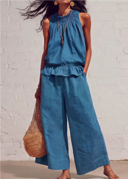 Summer Sleeveless Suit Fashion Ruffled Vest Top And Straight-leg Pants Women's Two-Piece Set NorixaFashion.com