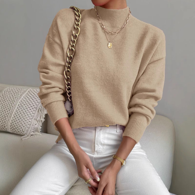 Autumn And Winter Half-high Collar Pullover Women's Fashion Solid Color Loose Knitted Top LadyShow.Store