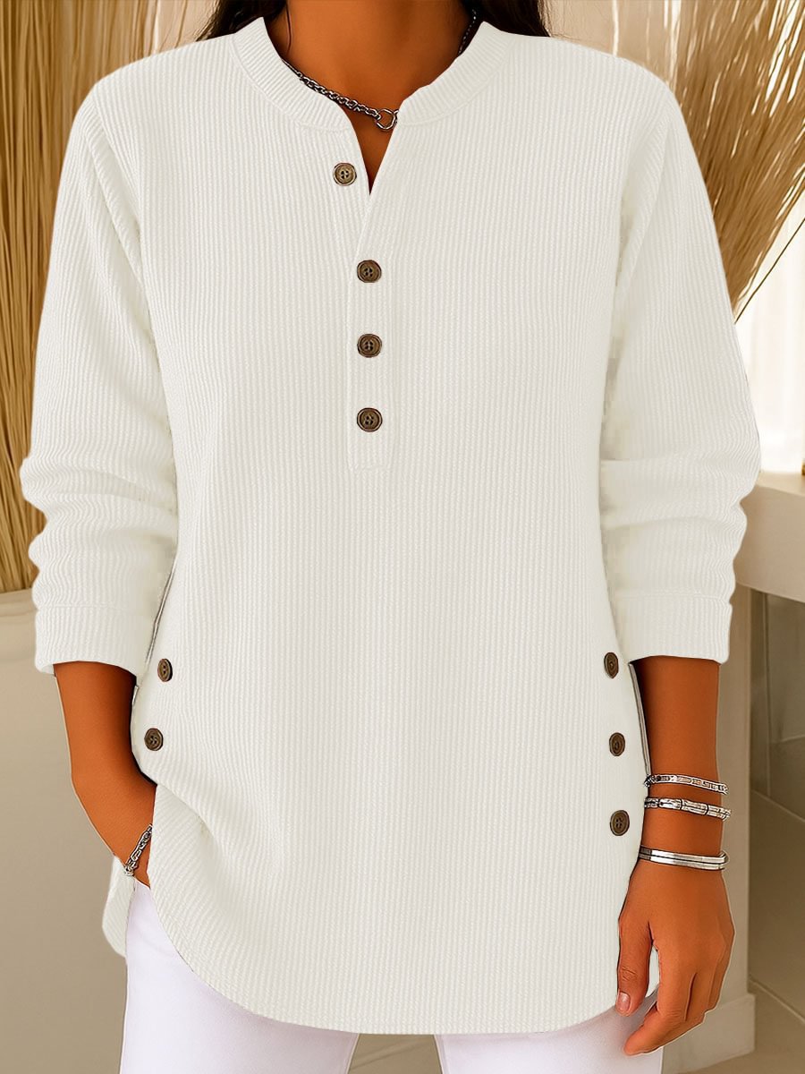 V-neck Buttons Sweater Fashion Casual Solid Color Long-sleeved Tops Women's Blouse T-shirt Clothing NorixaFashion.com