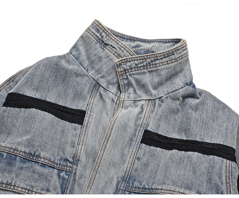 Vintage Wash Denim Jacket with Layered Collar for Men Pi-Mart