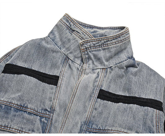 Vintage Wash Denim Jacket with Layered Collar for Men Pi-Mart
