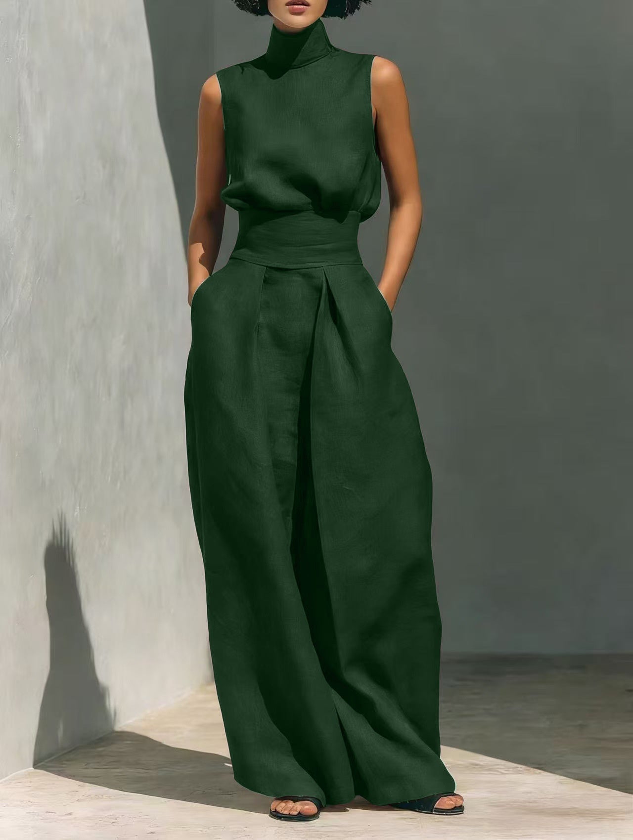 Casual Sleeveless Suit Summer Stand-up Collar Pullover Top And Loose Straight-leg Trousers Women's Clothing LadyShow.Store