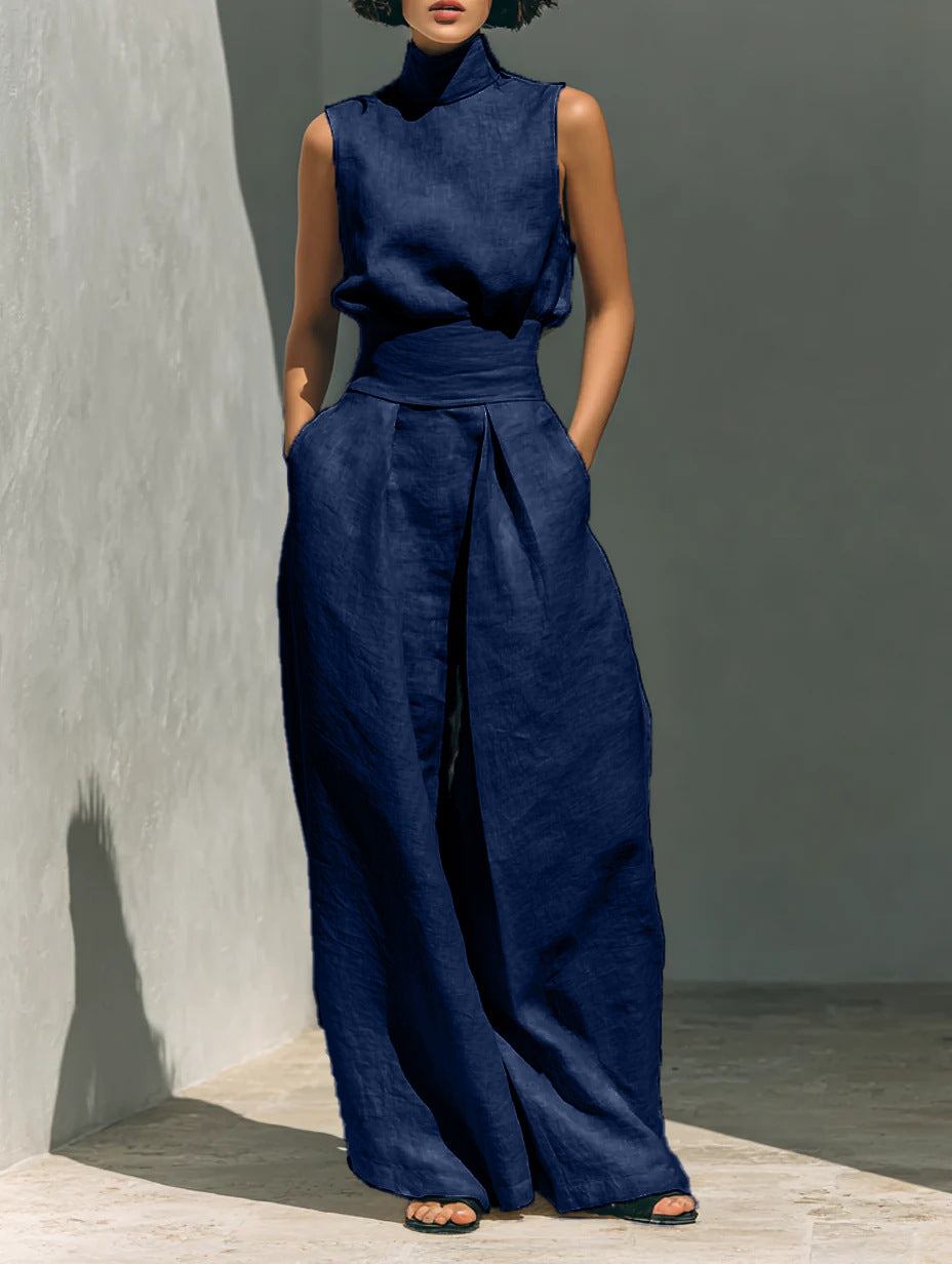 Casual Sleeveless Suit Summer Stand-up Collar Pullover Top And Loose Straight-leg Trousers Women's Clothing LadyShow.Store