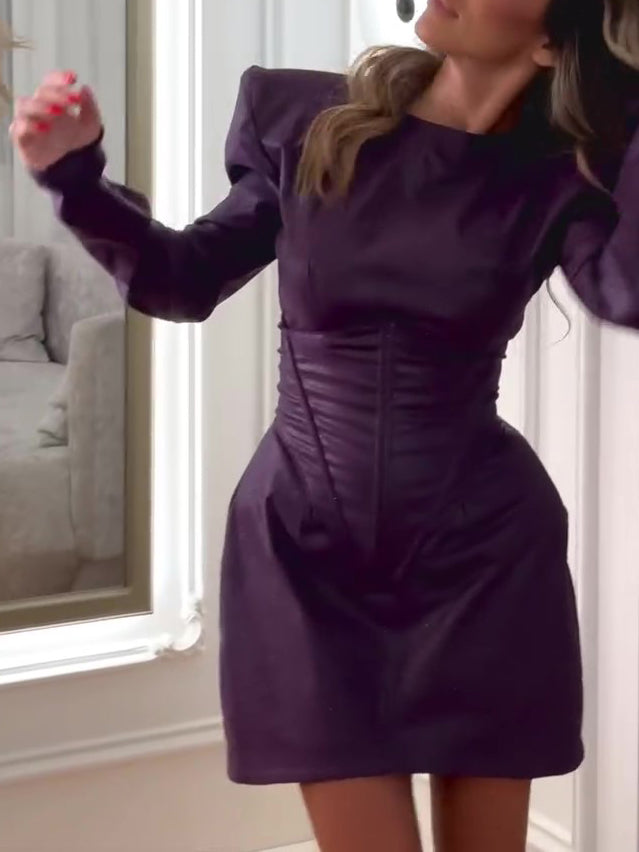 Purple Mini Dress With Structured Shoulders And Corset Waist NorixaFashion.com