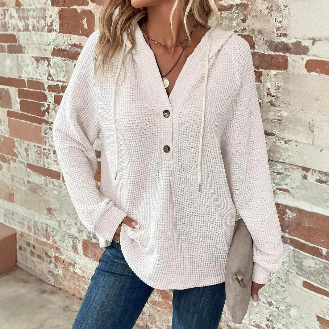 Waffle Hooded Sweater Sweatshirt Fashion Casual Long-sleeved Drawstring V-neck Buttons Top Women's Clothing NorixaFashion.com