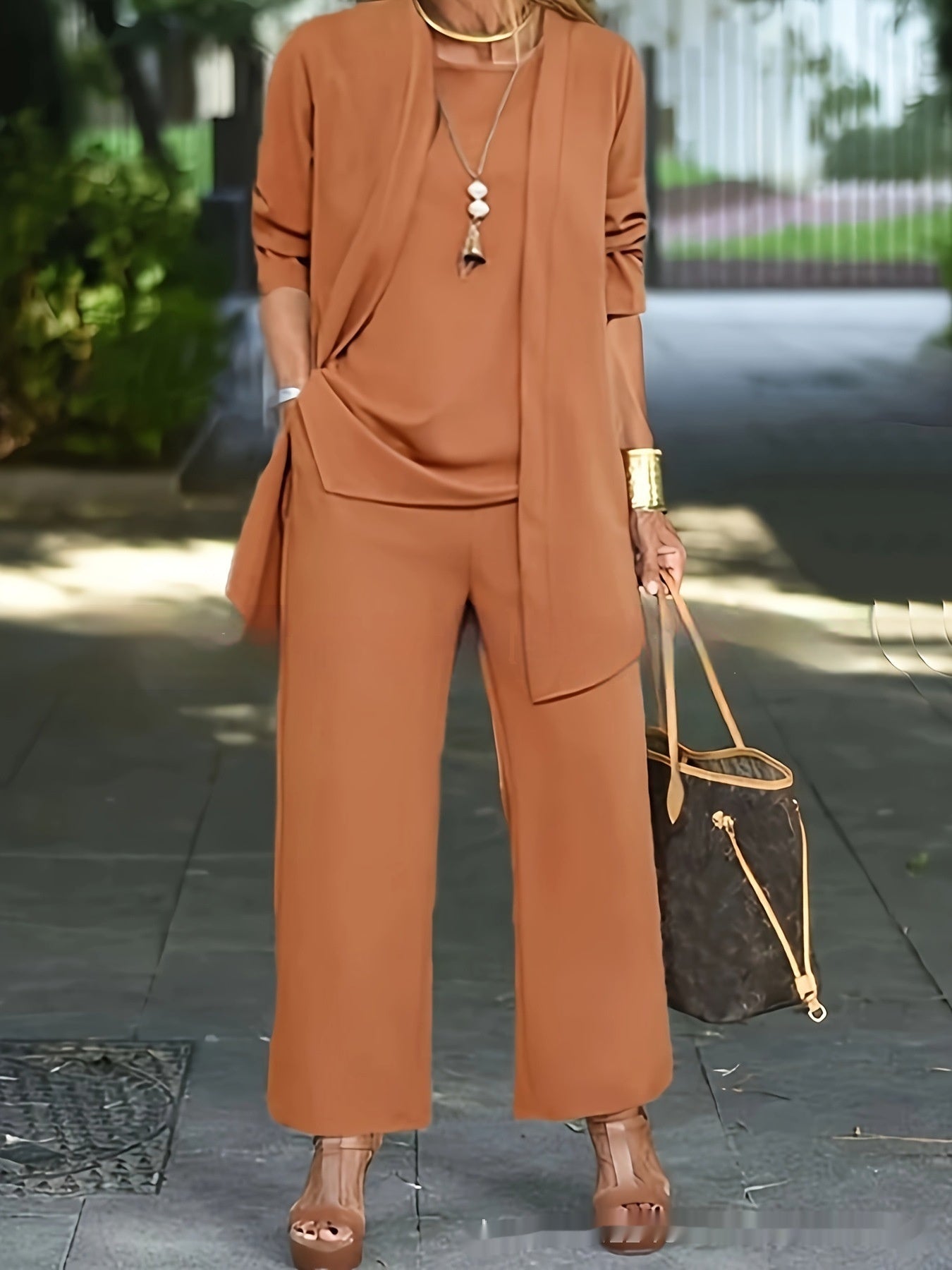 3-piece Cardigan Suit Pure Color Split Sleeveless Vest Top Long Sleeve Jacket And Wide Leg Pants Set NorixaFashion.com