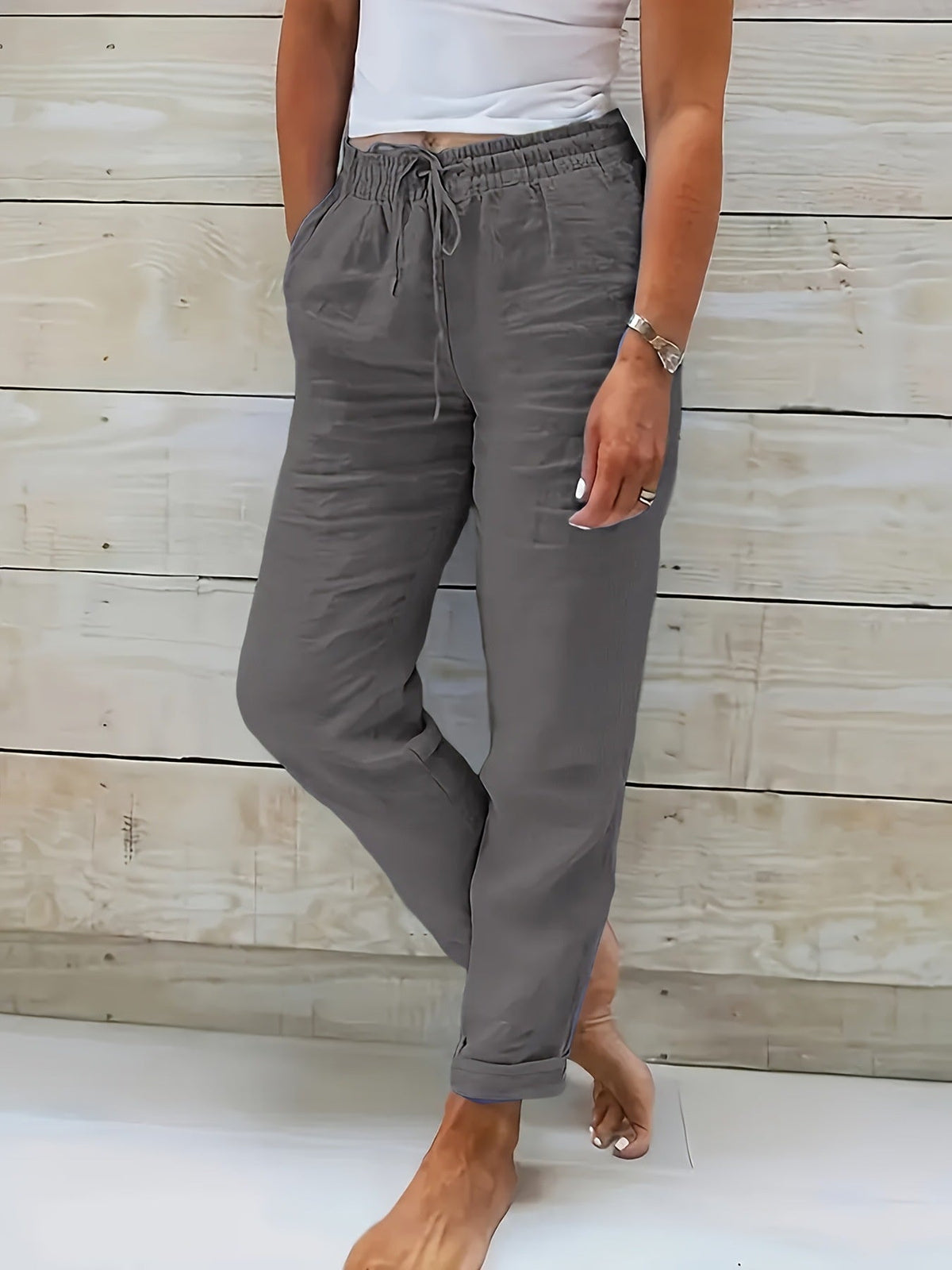 Cotton And Linen Women's High Waist Elastic Waist Solid Color Cotton And Linen Casual Pants NorixaFashion.com