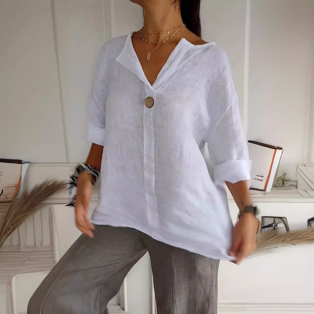 V-neck Long-sleeved T-shirt Fashion Loose Cotton And Linen Button Tops For Women NorixaFashion.com